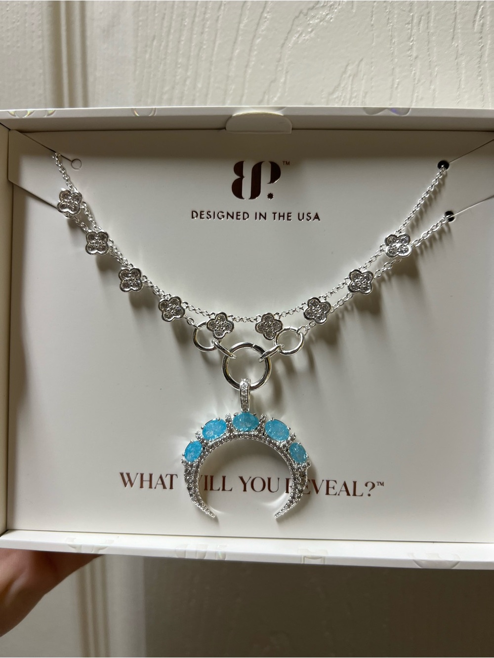 Silver Blue Gem Crescent Moon Pendant Necklace